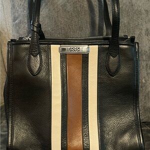 Brighton Black Leather Tote with Brown and Cream Stripes